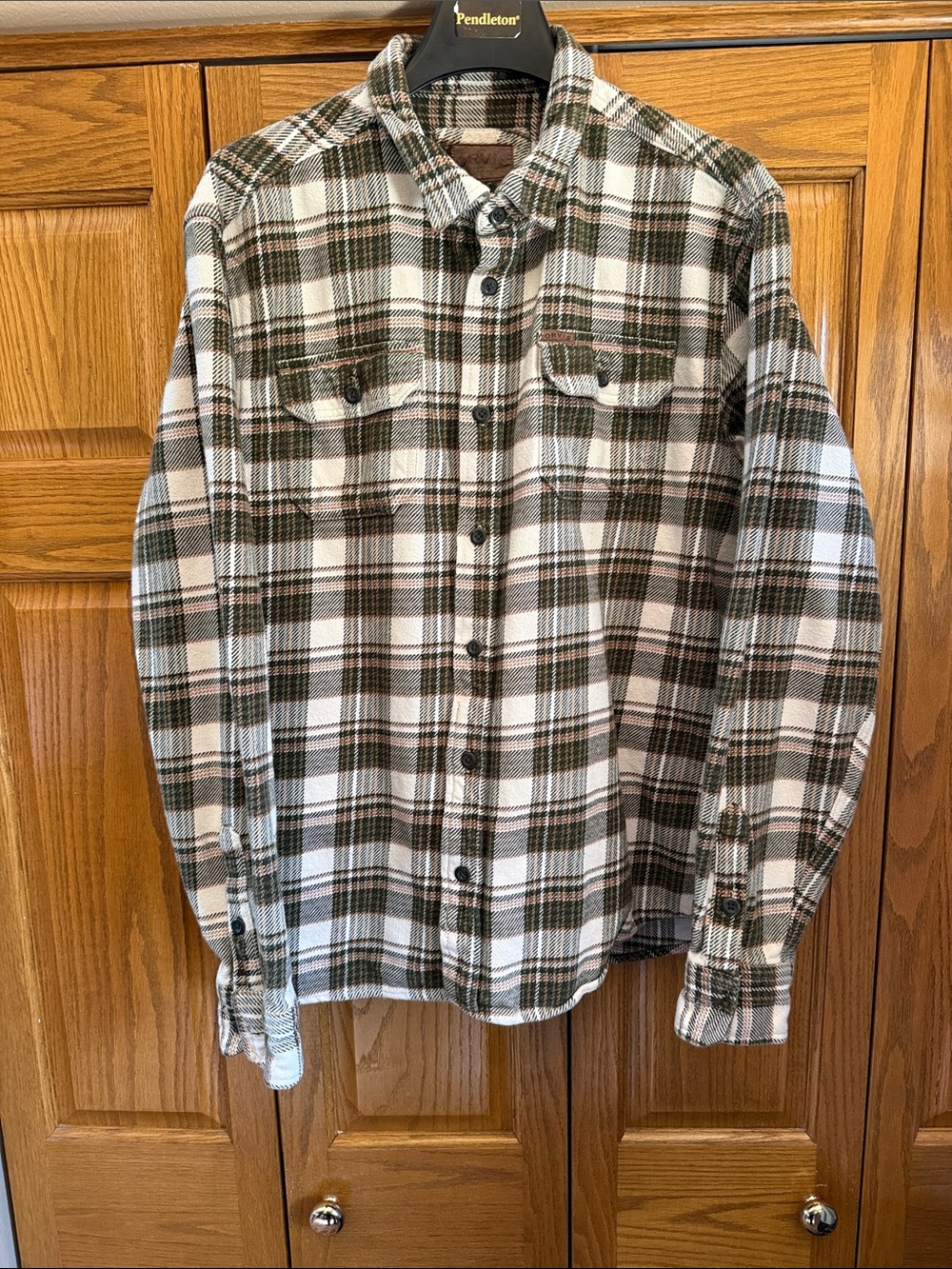 Orvis Olive Green, Rust, White Plaid Flannel Button-Up Shirt-XL